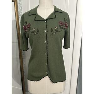 Vintage Koret Womens Green Knitted Cardigan Embroidered Flowers Size Petite Sm